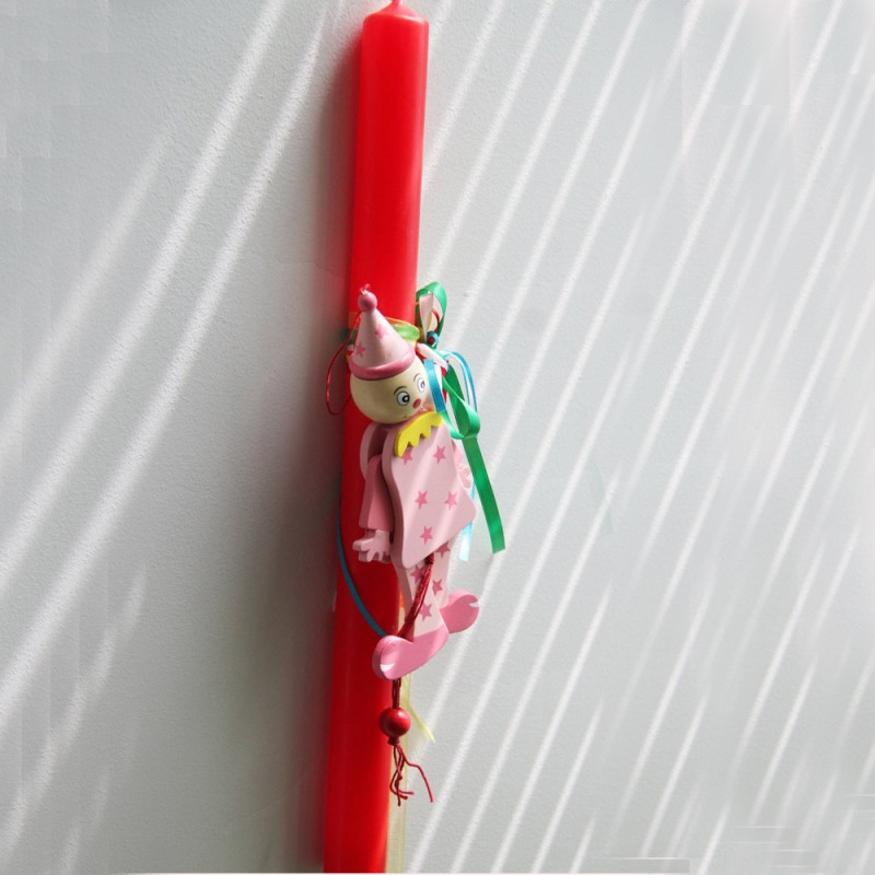 Clown puppet, Easter candle, red Easter candle with wooden clown puppet, Greek lambada for girls