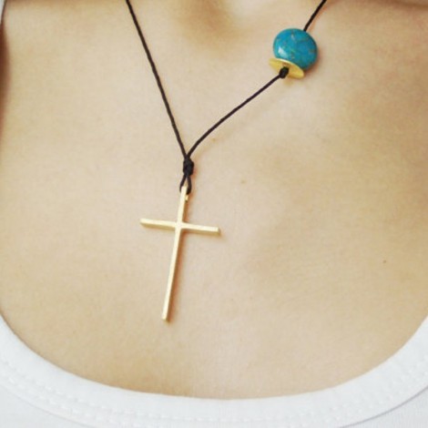 Large gold cross necklace, minimal sterling cross on a black cord with round turquoise stone.