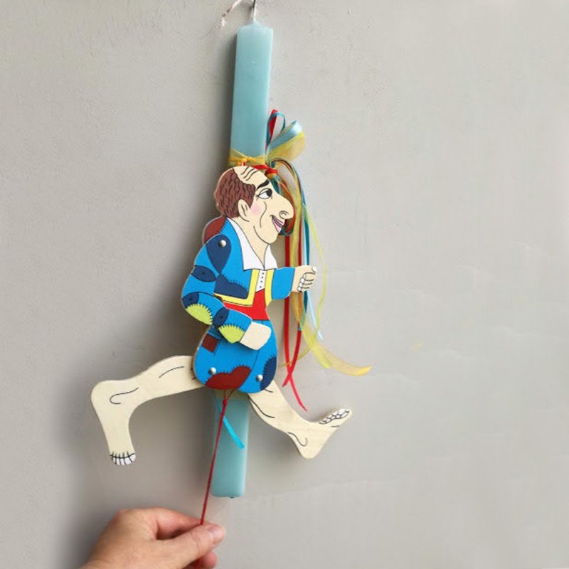 Greek Easter candle with Karagiozi puppet
