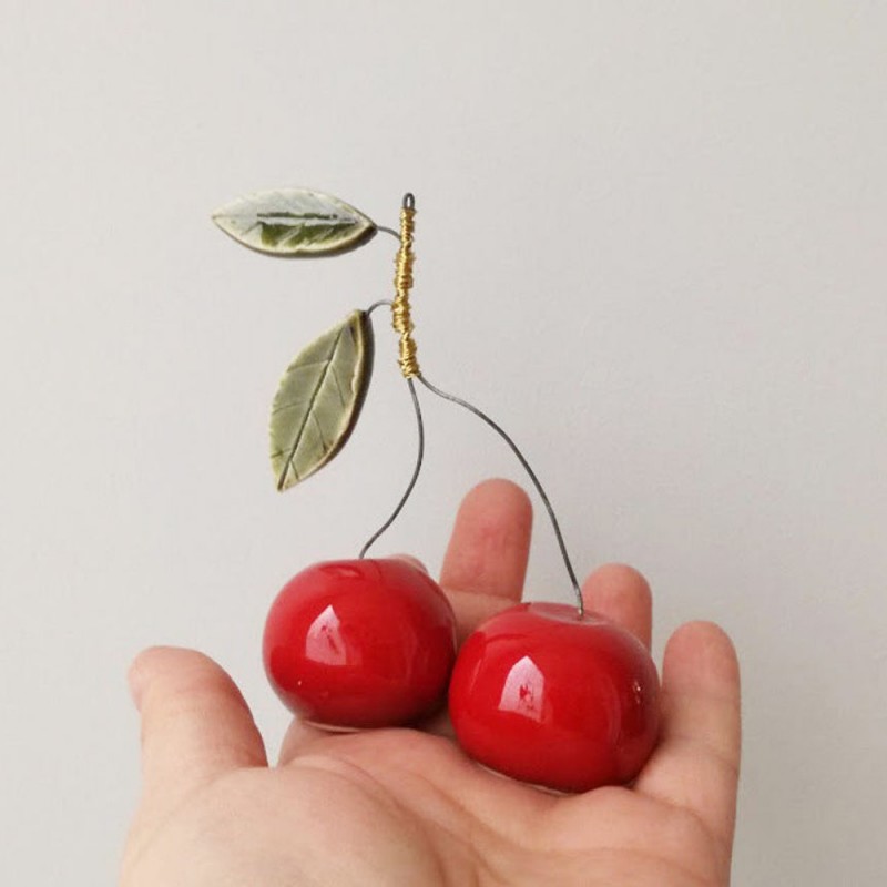 Red cherries sculpture, two cherries on wire stems with ceramic green leaves, rustic cherry sculpture, red cherry gift