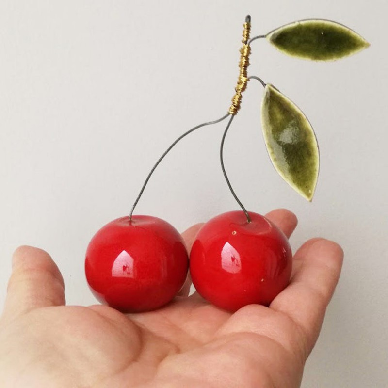 Red cherries sculpture, two cherries on wire stems with ceramic green leaves, rustic cherry sculpture, red cherry gift