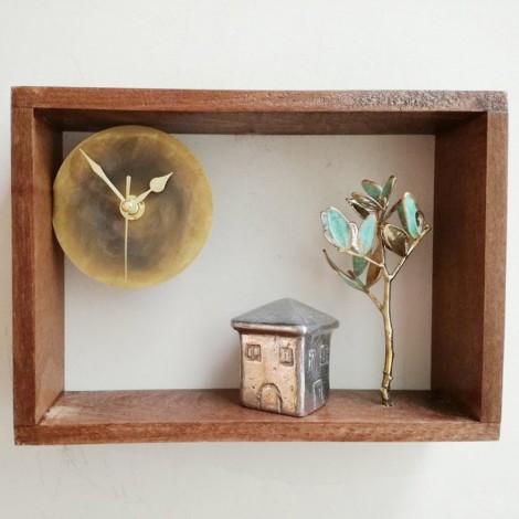 House and tree clock, aluminum house with brass tree clock, wooden frame brass dial metal sculptures clock 2