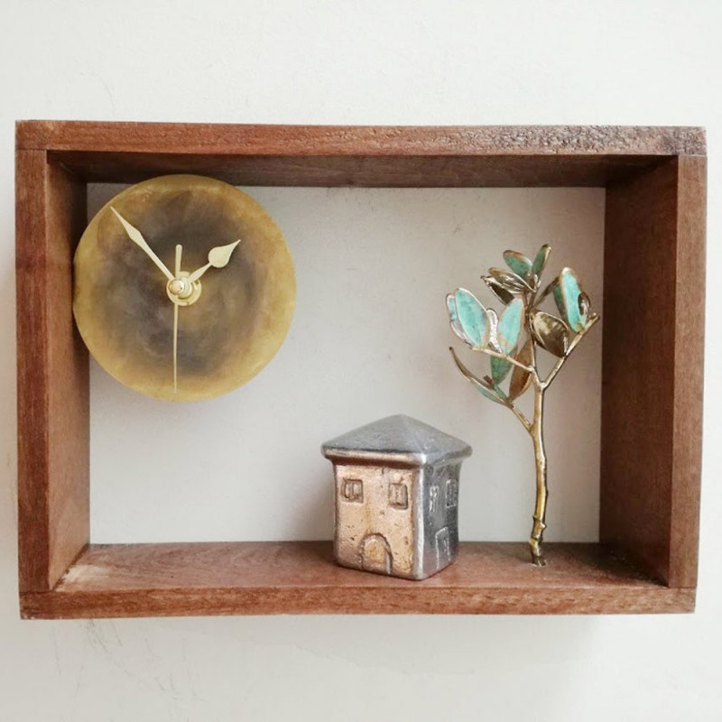 House and tree clock, aluminum house with brass tree clock, wooden frame brass dial metal sculptures clock