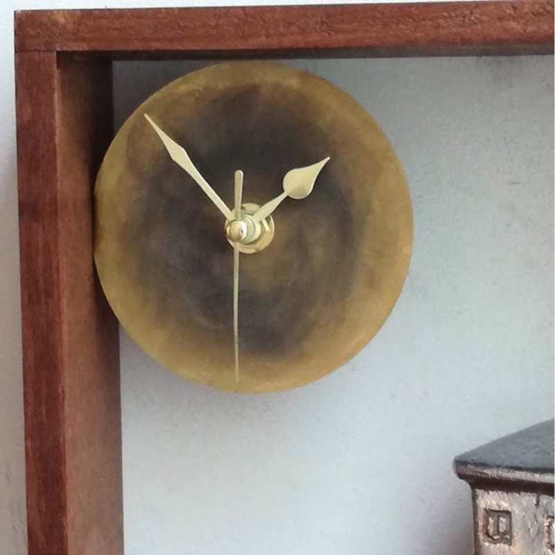 House and tree clock, aluminum house with brass tree clock, wooden frame brass dial metal sculptures clock