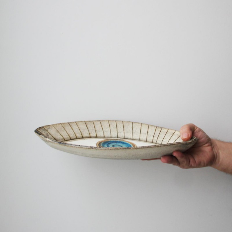 Blue eye platter, stoneware clay high fire, oval plate with blue eye, modern blue eye tray
