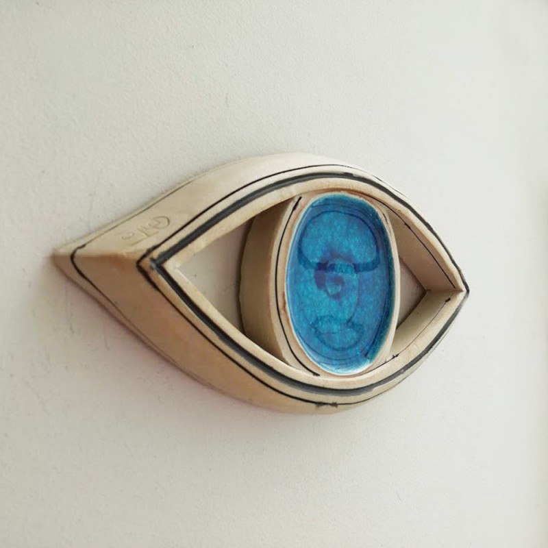 Blue ceramic eye, high fire stoneware clay, ceramic eye wall sculpture