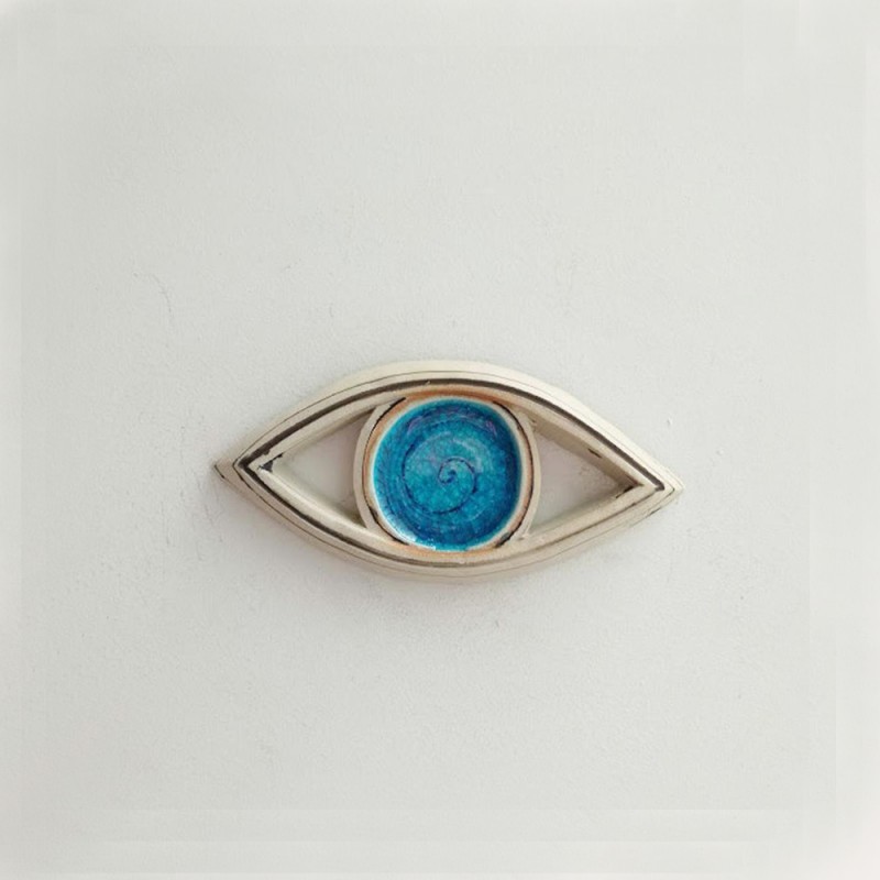 Blue ceramic eye, stoneware clay, small ceramic eye wall sculpture, modern Greek ceramics,