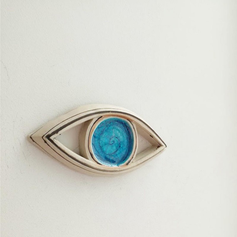 Blue ceramic eye, stoneware clay, small ceramic eye wall sculpture, modern Greek ceramics,