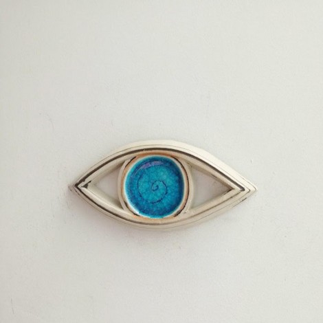 Blue ceramic eye, stoneware clay, small ceramic eye wall sculpture, modern Greek ceramics,
