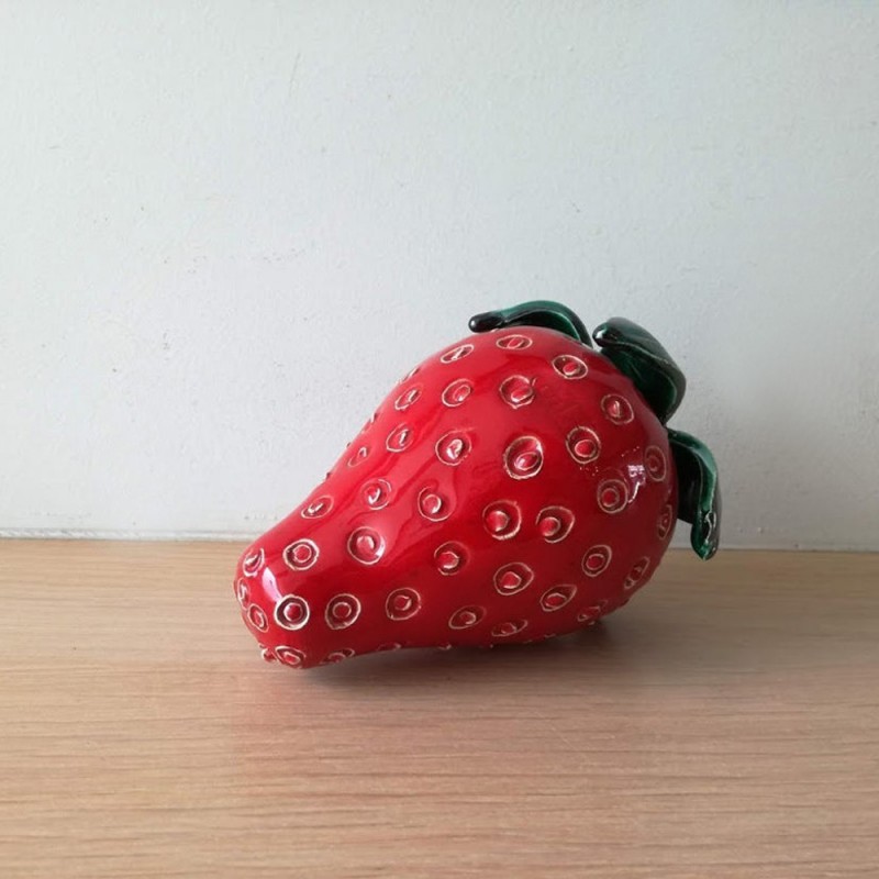 Large strawberry sculpture scarlet ceramic strawberry green sepals