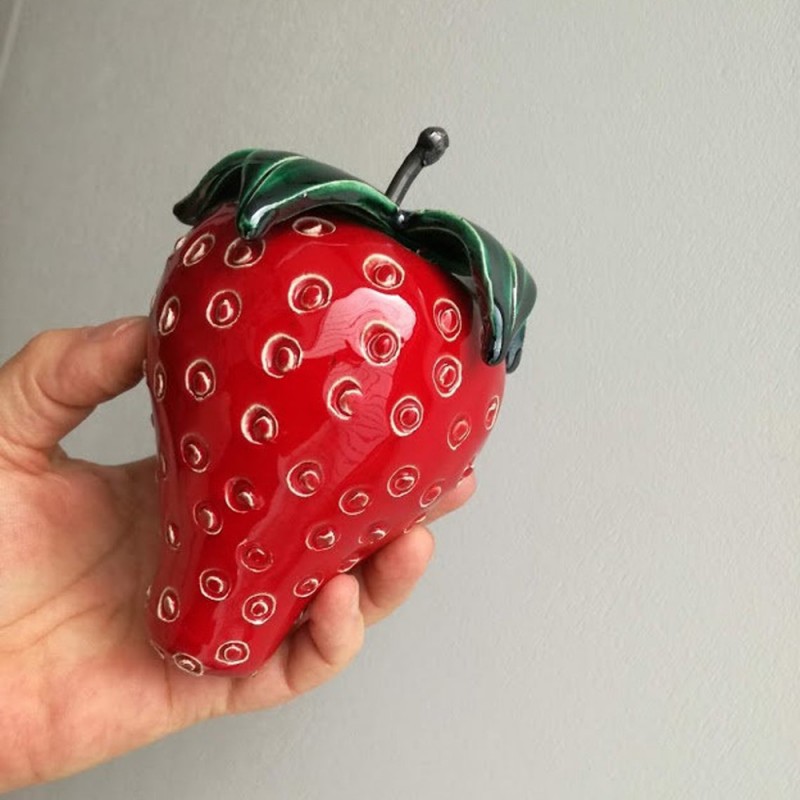 Large strawberry sculpture scarlet ceramic strawberry green sepals