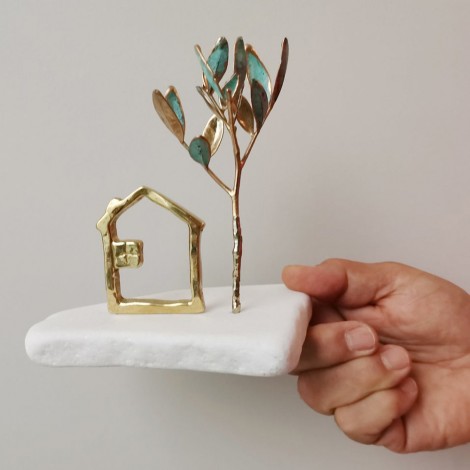 House and tree sculpture, brass tree with brass house on stone, electroplated mastic tree with house miniature 2
