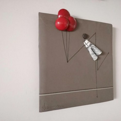 Balloons wall hanging, red balloons in grey background, ceramic wall tile with white figure holding red balloons 2