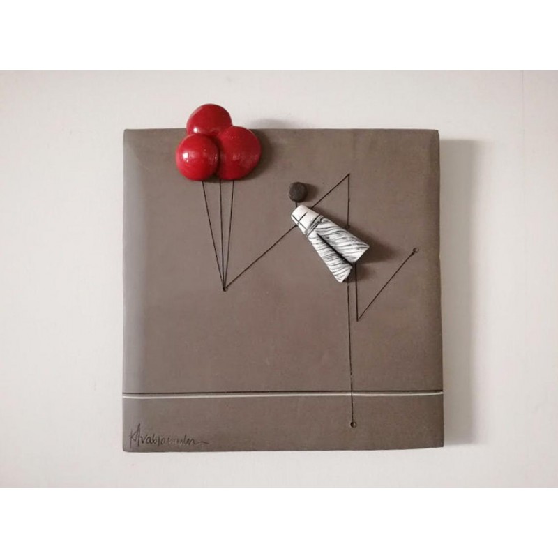 Balloons wall hanging, red balloons in grey background, ceramic wall tile with white figure holding red balloons
