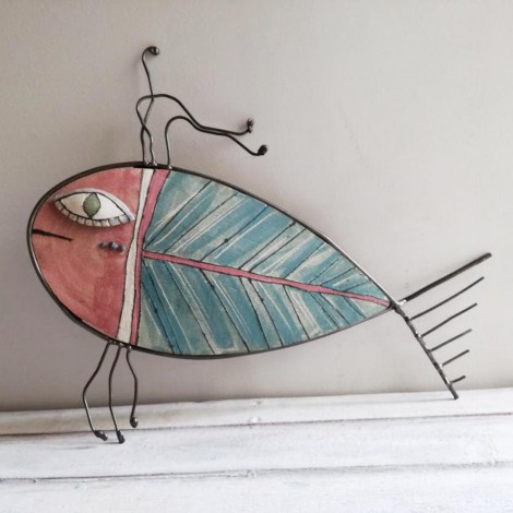 Ceramic fish wall sculpture, stoneware clay and iron, colourful fish wall hanging, quirky hand built wall decor fish 2