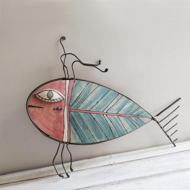 Ceramic fish wall sculpture, stoneware clay and iron, colourful fish wall hanging, quirky hand built wall decor fish