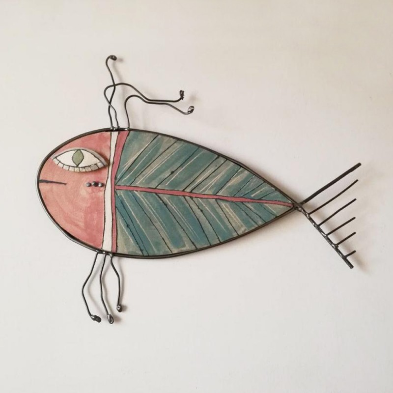 Ceramic fish wall sculpture, stoneware clay and iron, colourful fish wall hanging, quirky hand built wall decor fish