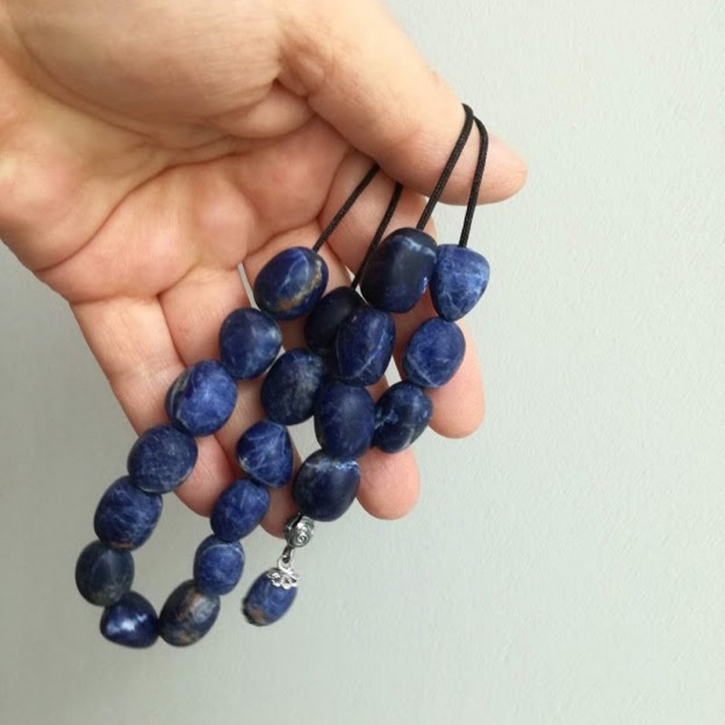 Sodalite worrybeads-mala set, inky blue sodalite beads with black cord and sterling silver components, Greek komboloi