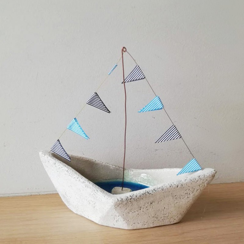 White blue boat, ceramic paperboat with blue banners and cracked blue glaze, handmade Greek boat
