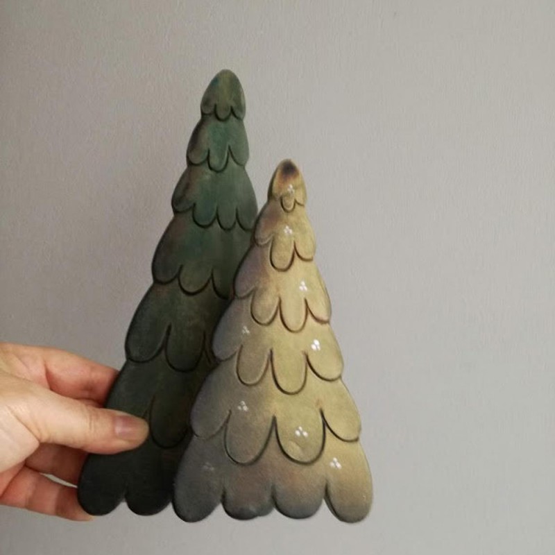 Double Chritmas tree, ceramic xmas trees connected, light green ad dark green Xmas trees set, Christmas decor