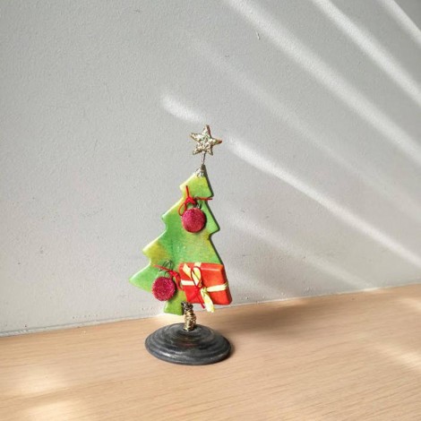Green Chistmas tree sculpture, Xmas fir tree with red balls and sparkling star on top, 2