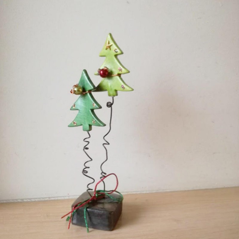 Double Chistmas tree, two Xmas fir trees with baubles, ceramic twin Christmas tree miniatures on brown base
