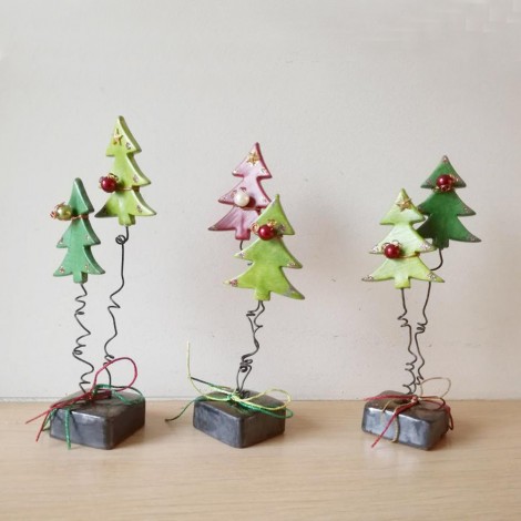 Double Chistmas tree, two Xmas fir trees with baubles, ceramic twin Christmas tree miniatures on brown base 2