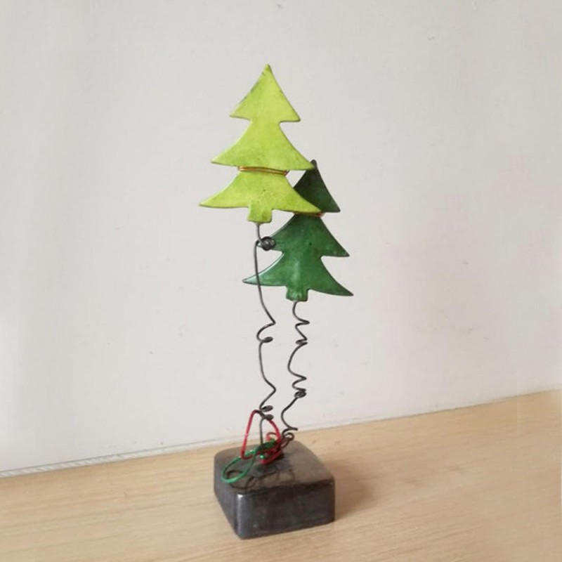 Double Chistmas tree, two Xmas fir trees with baubles, ceramic twin Christmas tree miniatures on brown base