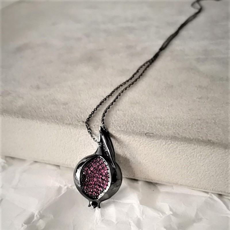 Black pomegranate necklace, alloy oxidised pomegranate pendant with pink seed stones