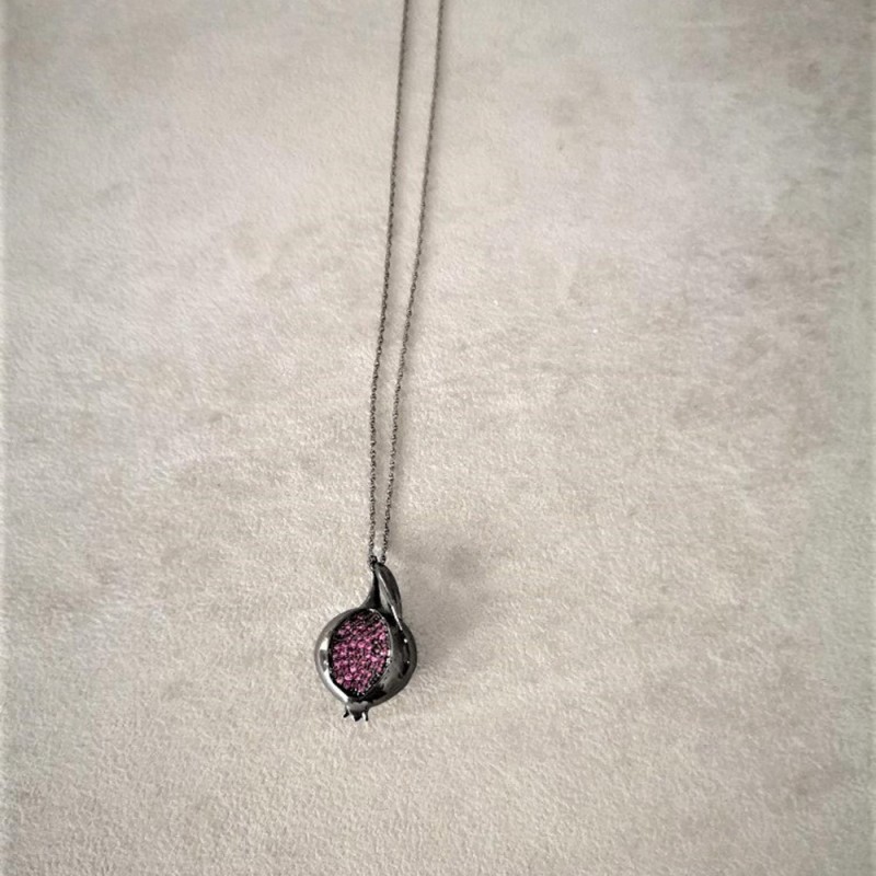 Black pomegranate necklace, alloy oxidised pomegranate pendant with pink seed stones