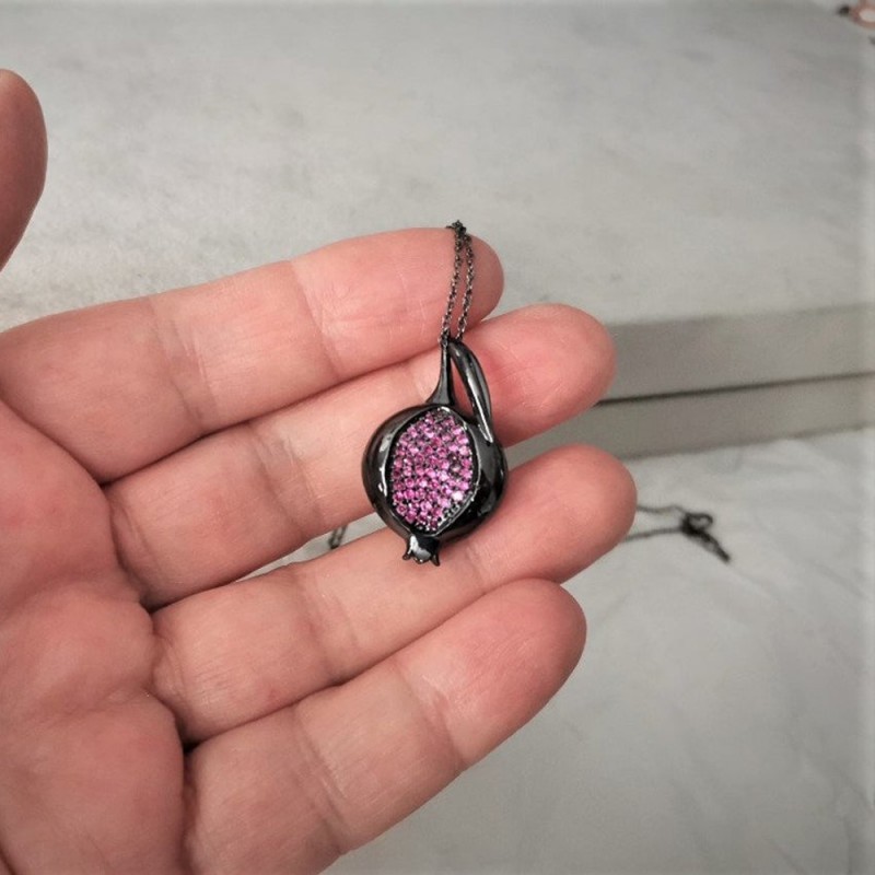 Black pomegranate necklace, alloy oxidised pomegranate pendant with pink seed stones