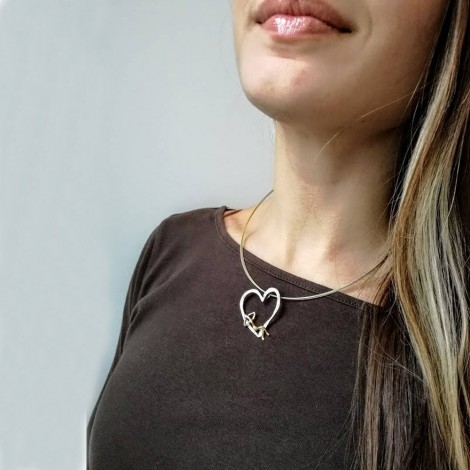 Heart silver necklace, silver heart outline with gold man figure in it, steling silver pendant 2