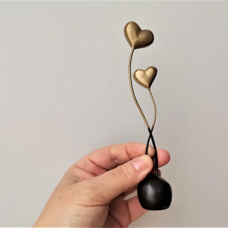 Valenitne's hearts, brass hearts small sculpture, golden hearts art object,