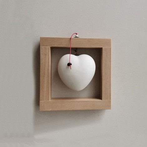 Framed heart sculpture, porcelain white heart in natural, unpolished, wood frame 2