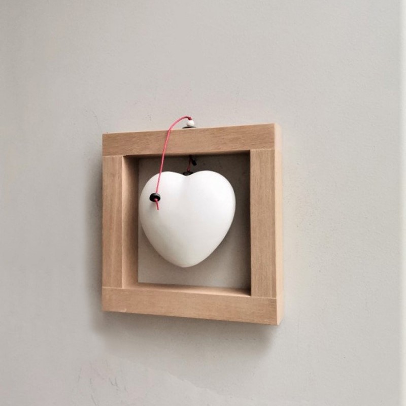 Framed heart sculpture, porcelain white heart in natural, unpolished, wood frame