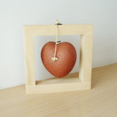 Framed heart sculpture, stoneware heart in a natural, unpolished, wood frame, Valentines art object heart, Greek pottery