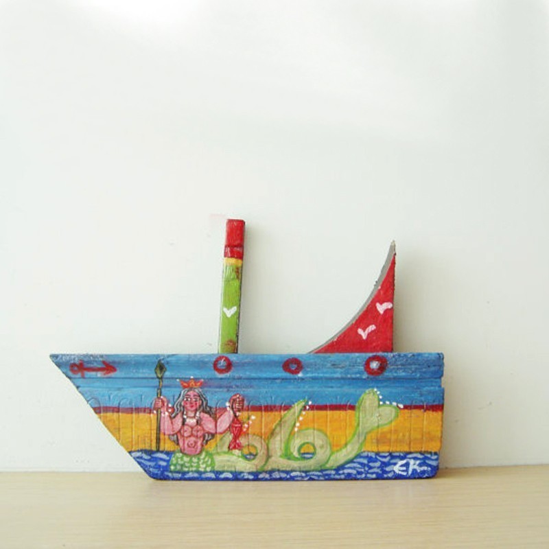 Mermaid on wooden boat, folk art...