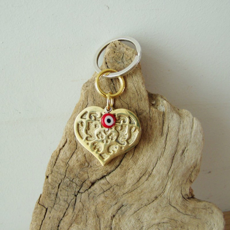 Brass heart keyring, large, sculpted heart charm of solid brass
