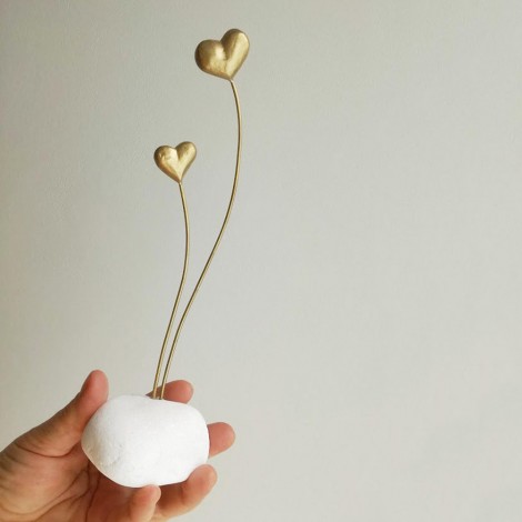 Two hearts sculpture, brass hearts on brass stems, hearts sculpture 2