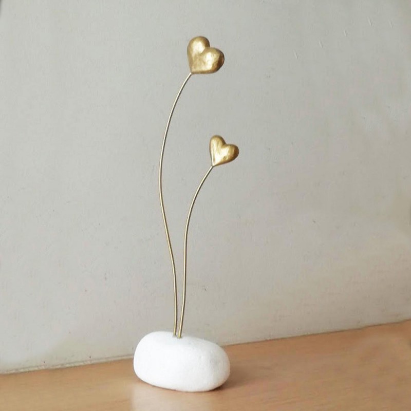 Two hearts sculpture, brass hearts on brass stems, hearts sculpture
