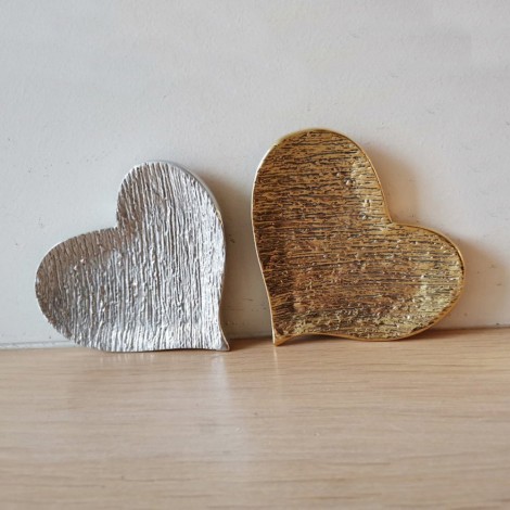 Two hearts, brass and aluminum heart plates, metal heart ring dishes,