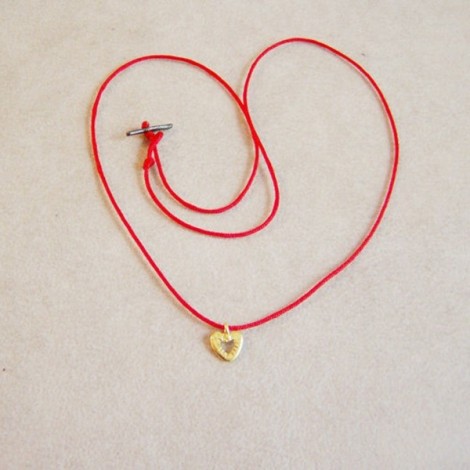 Tiny gold heart pendant on red cord, solid 18 k gold heart. 2