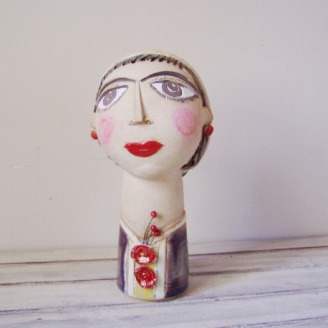 Woman's head, sculpted, high fire stomeware head with gold