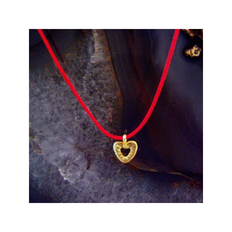 Tiny gold heart pendant on red cord, solid 18 k gold heart.