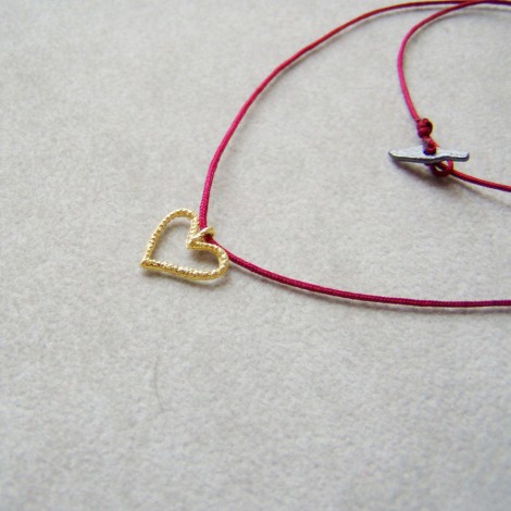 Tiny gold heart pendant on red cord,18 k gold heart, heart necklace,
