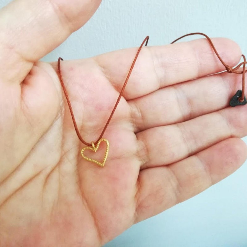 Tiny gold heart pendant on red cord,18 k gold heart, heart necklace,
