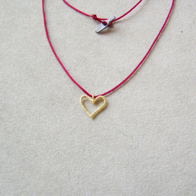 Tiny gold heart pendant on red cord,18 k gold heart, heart necklace,