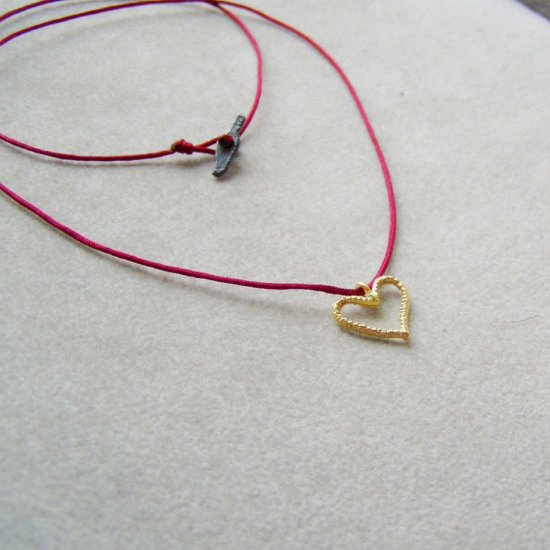 Tiny gold heart pendant on red cord,18 k gold heart, heart necklace,