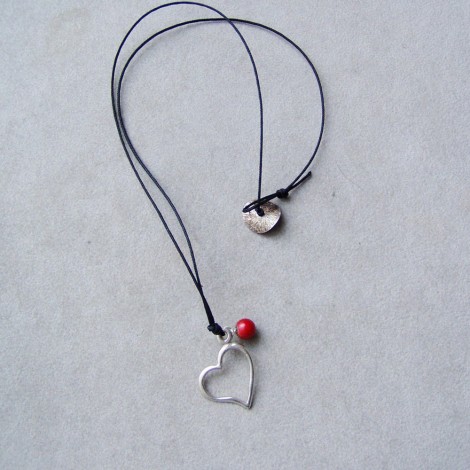 Silver heart pendant, silver heart outline with a red bead charm,