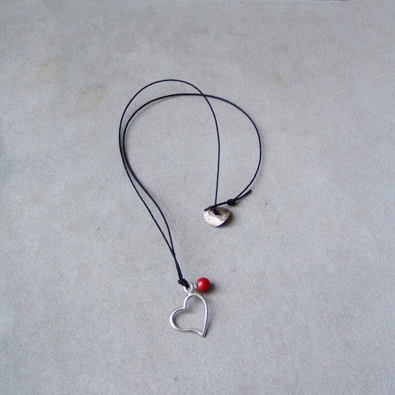 Silver heart pendant, silver heart outline with a red bead charm,